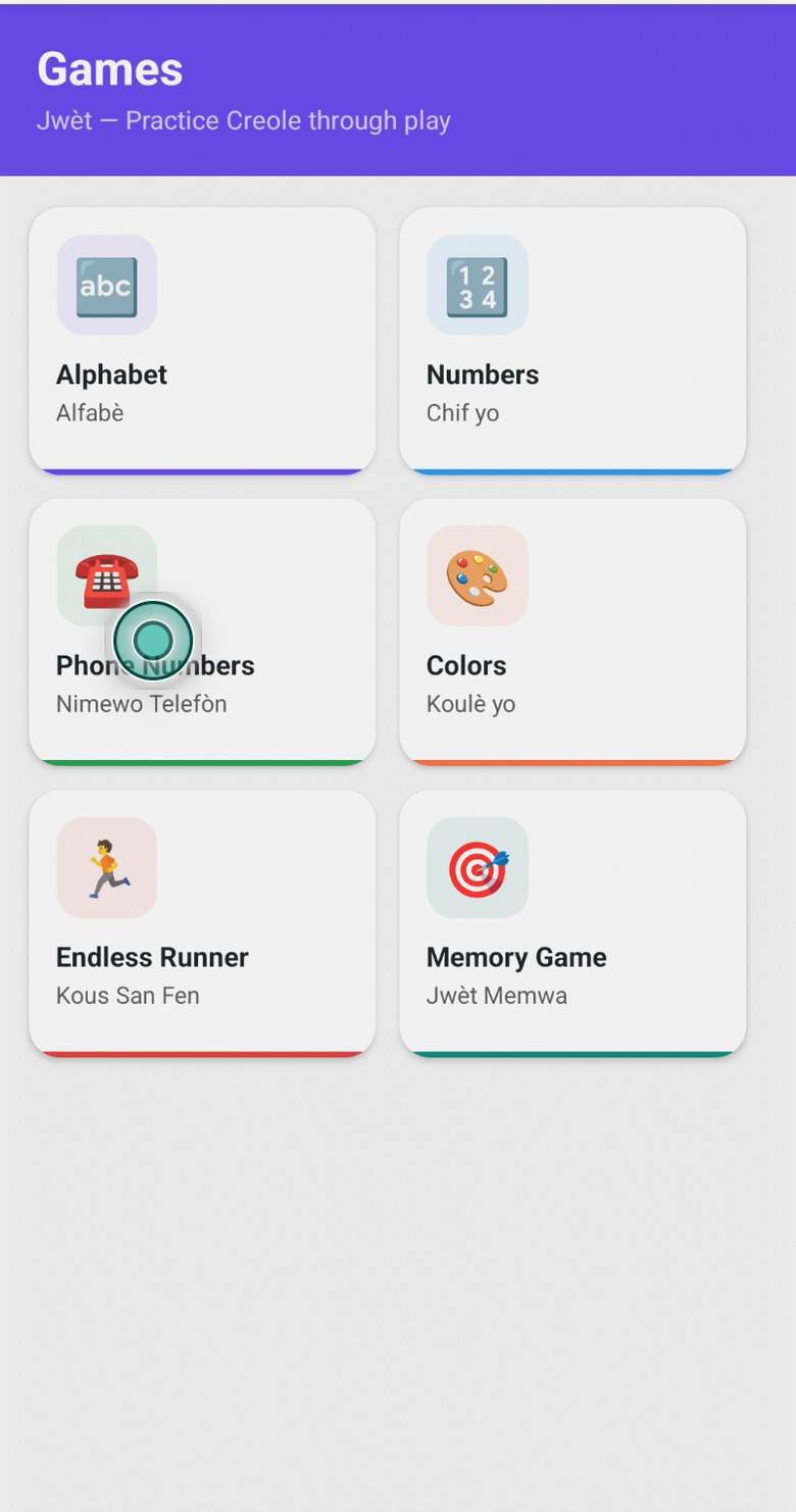Games menu in Learn Creole with Jorge: Alphabet, Numbers, Phone Numbers, Colors, Endless Runner and Memory Game